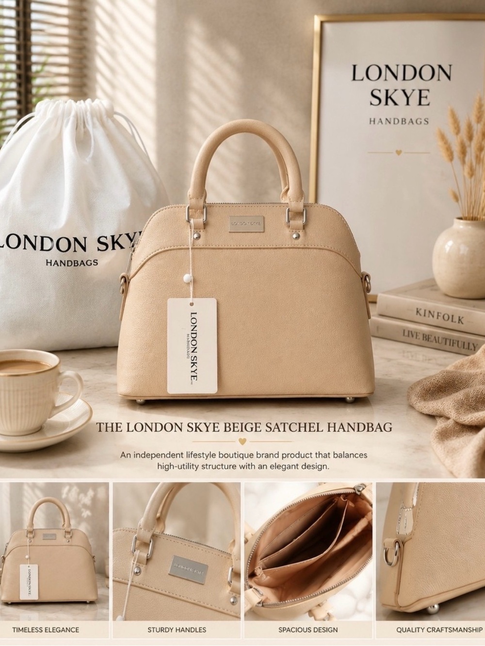 Beige Satchel Handbag - Elegant Structured Tote